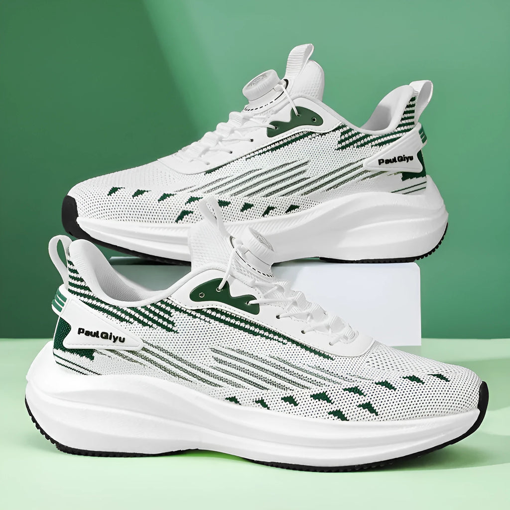 Men's white green rotating buckle sports shoes with Fly-kit mesh upper and TPU popcorn sole in low-top design