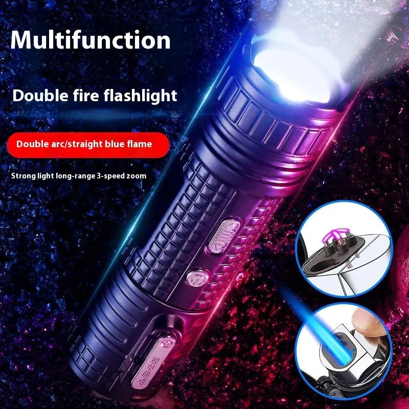 TH727 Multifunction metal flashlight lighter in camouflage, red, black, blue, and yellow colours.