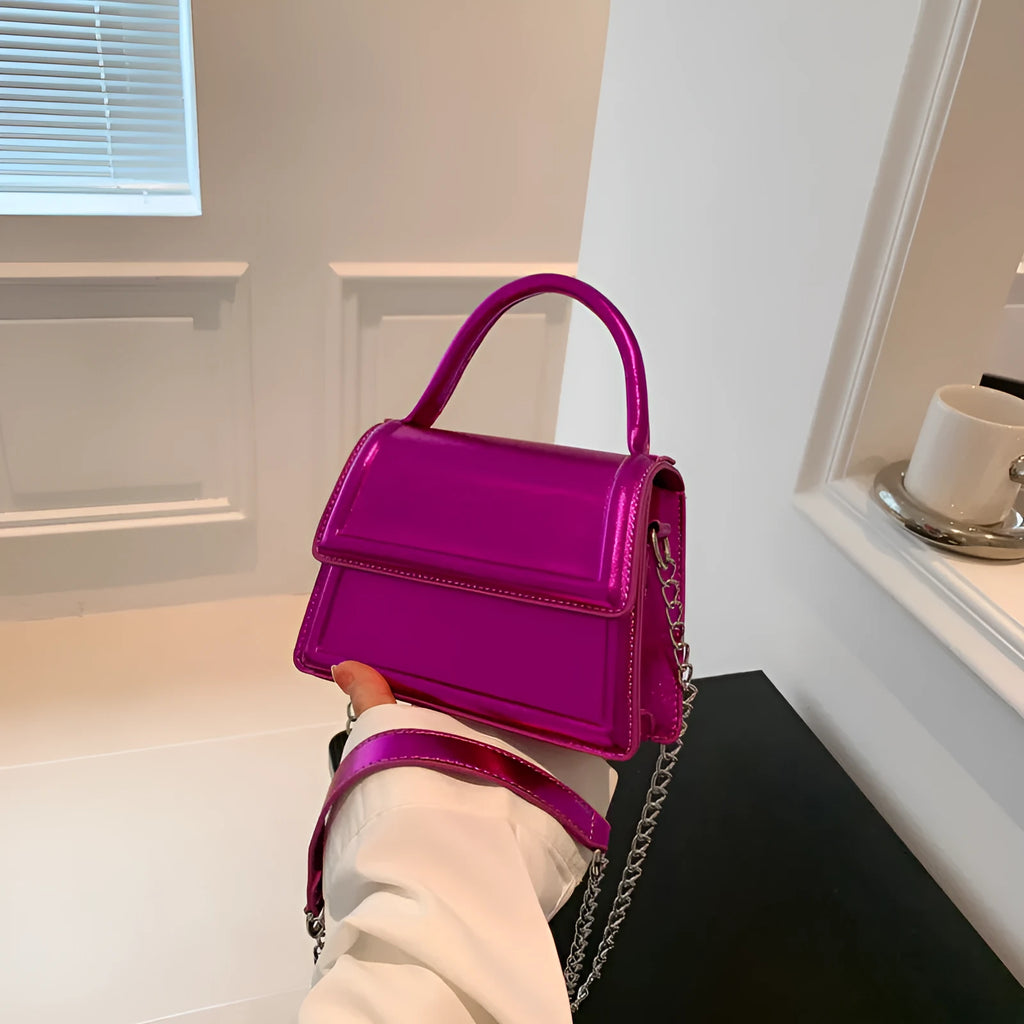 Retro PU crossbody bag in horizontal square shape with sewing line details