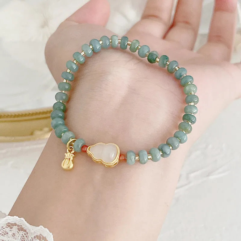 Natural blue water jade bead bracelet with gourd peace buckle pendant, simple women's retro ethnic style