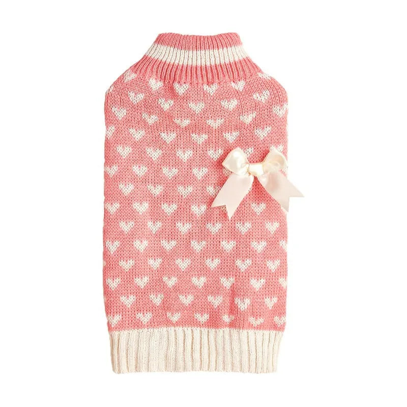 Dog sweater with love heart and bow design in acrylic material