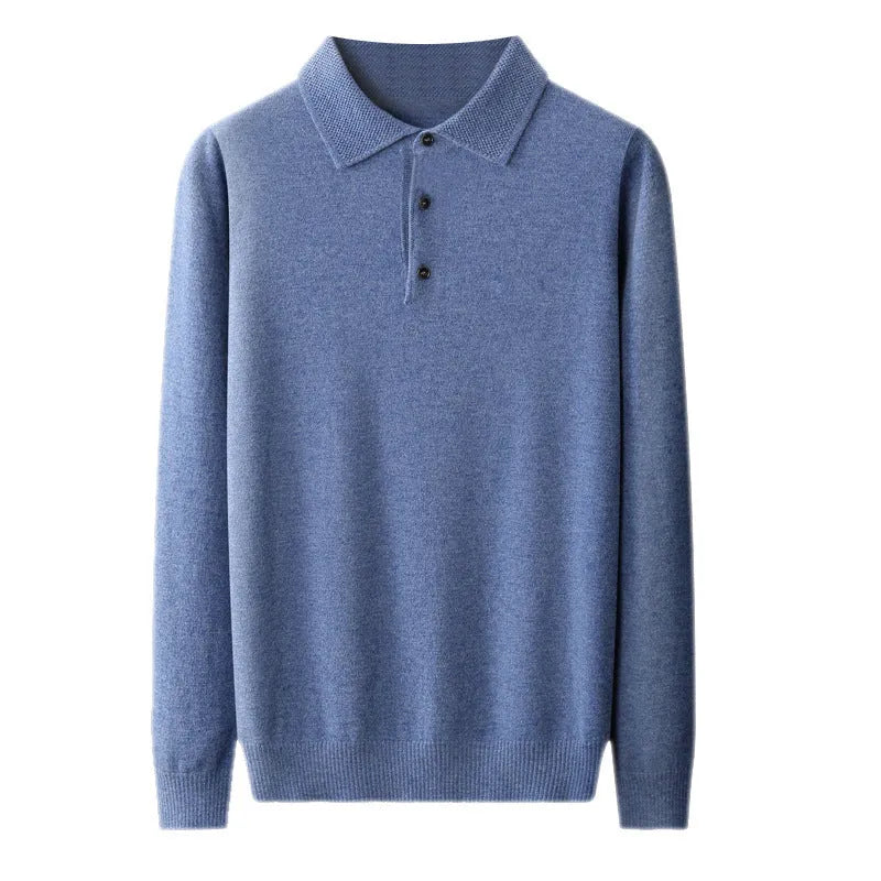 Men's grey woolen pullover sweater with a polo collar, shown on a model.