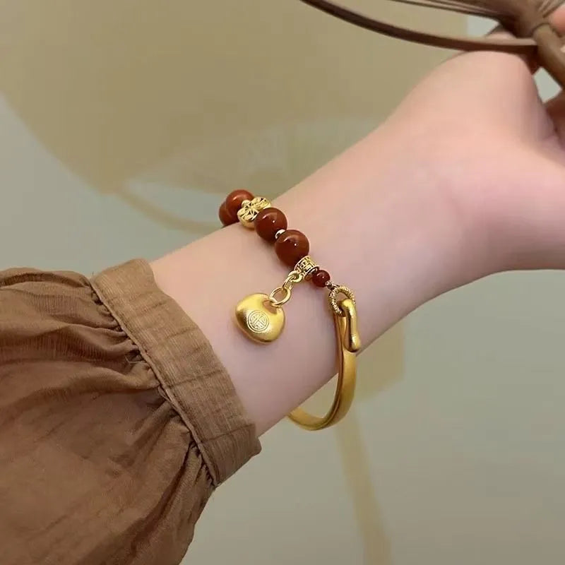 Southern Red Agate Character Ingot Bracelet women's antique style golden South red lucky bag half bracelet handmade glass coloured glaze