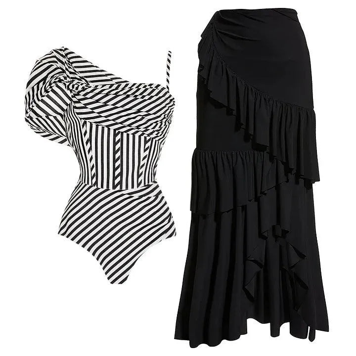 Women's one-piece ruffled striped polyester swimsuit with black skirt, sleeveless, available in multiple sizes