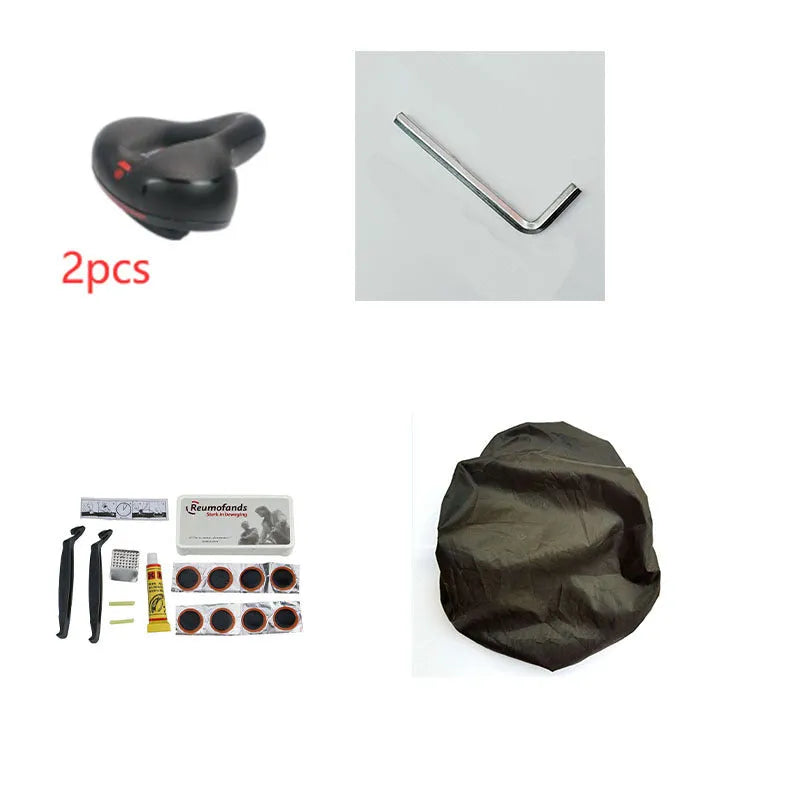 Thickened soft silicone bicycle saddle cushion with PU leather cover, waterproof protector, wrench and tire patch set