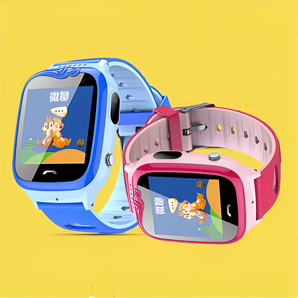 Children's phone watch with pink silicone strap showing HD touchscreen and camera