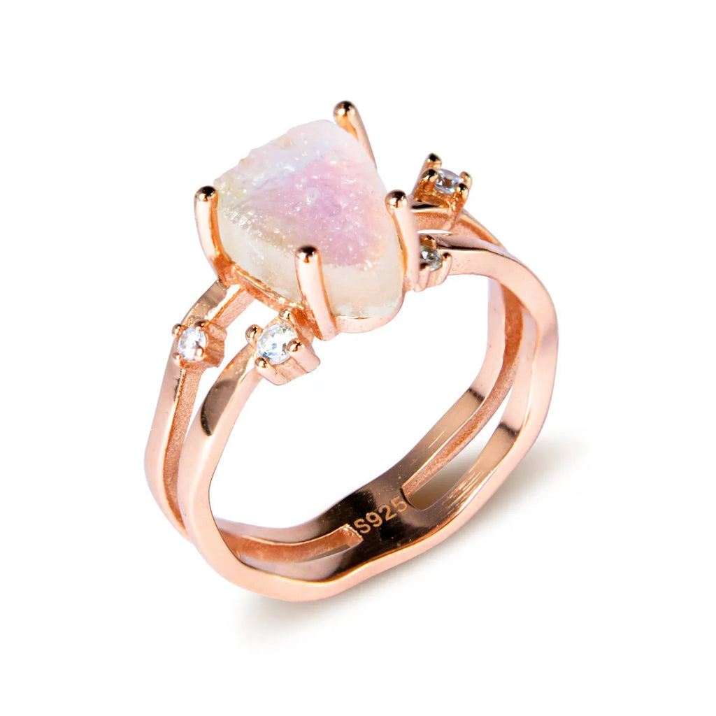 S925 silver ring with irregular triangle shape and moonstone in rose, white, or yellow gold finish.