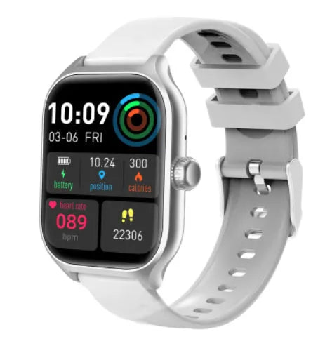 Bluetooth smart watch with touch screen in gold or silver with silicone strap showing health monitoring functions