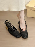 Square toe woven toe cap slingback sandals for women in brown with microfiber upper and rubber sole
