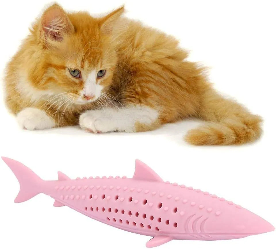 Green silicone fish-shaped chew toy for cats with breathable side holes
