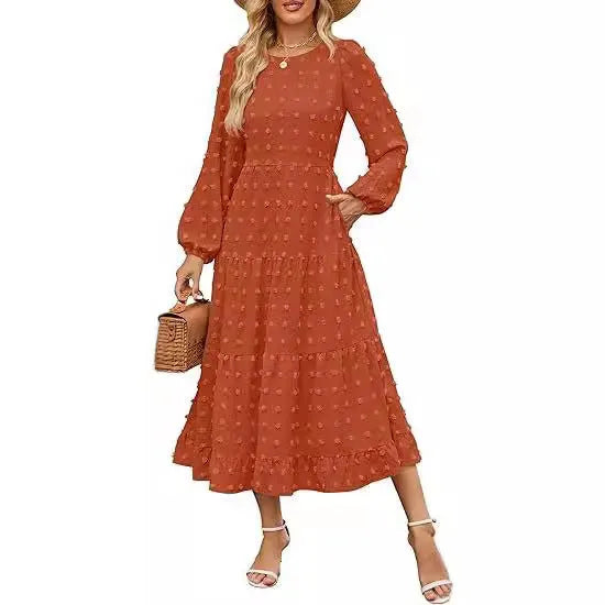 Women's long sleeve high waist dress in beige with ruffled sleeves