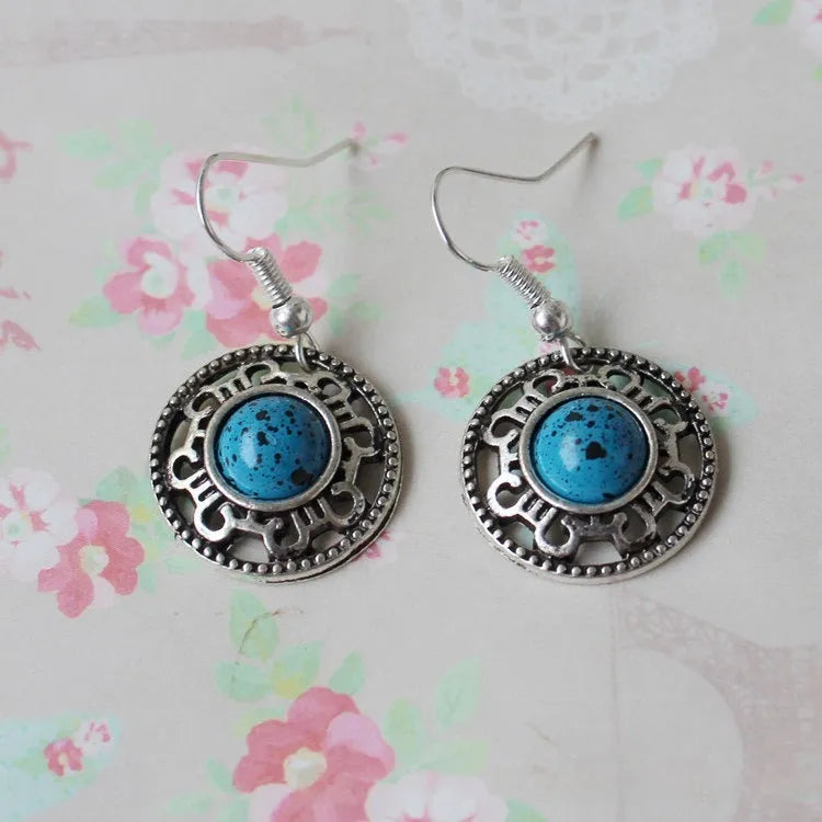 Handmade geometric turquoise flower disk earrings with Tibetan silver Miao ethnic patterns