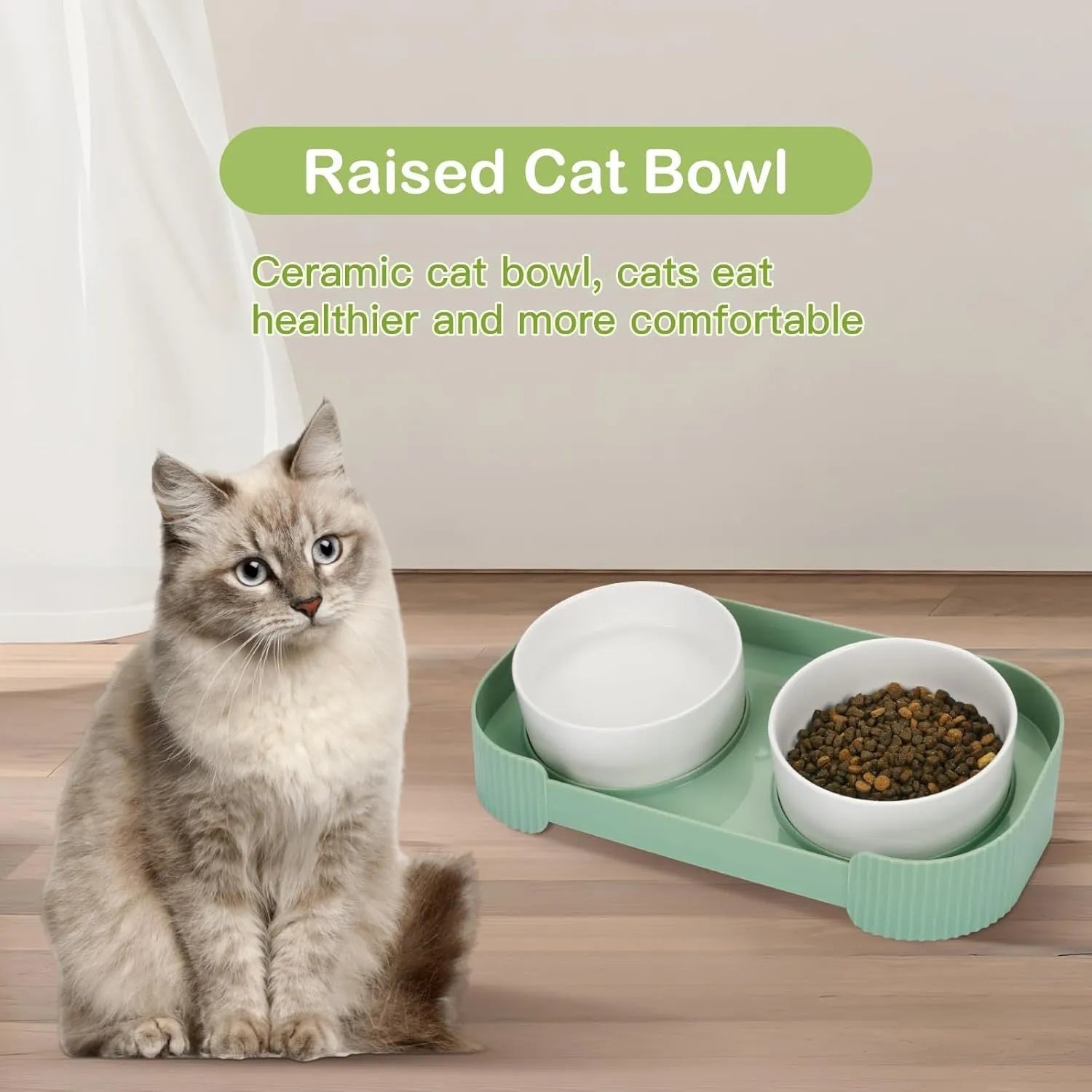 Green and white ceramic elevated cat bowl set with tilted stand and two bowls for food and water.