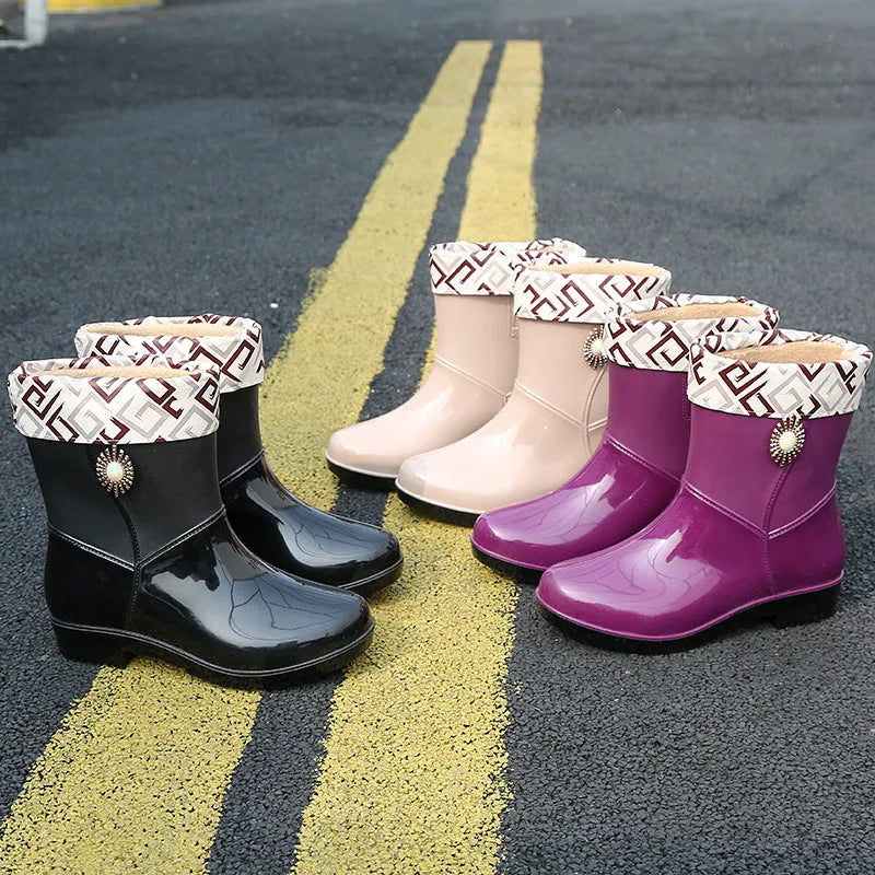 Women's middle tube rain boots with non-slip sole, thickened lining, available in beige black purple sizes 36-40