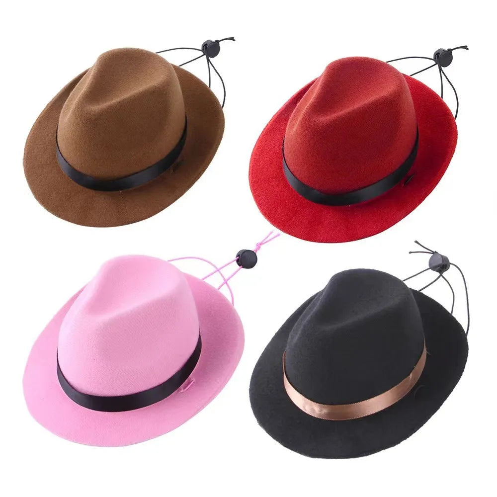 Wool felt mini sun hat for pets in black, brown, pink, or red with 155cm diameter.