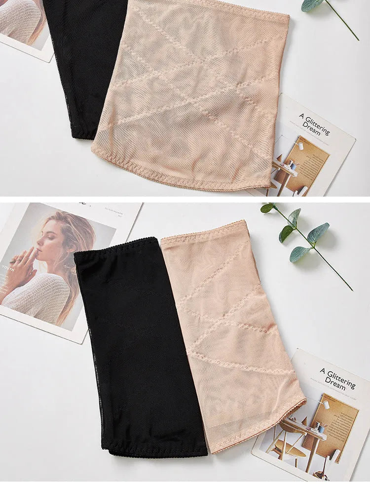 Mesh belly band body sculpting strap in black on white background showing cross-waistband design