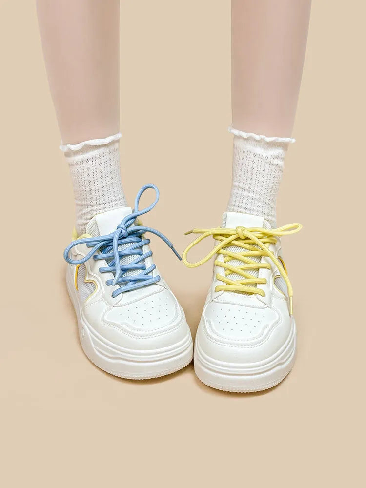 Korean style mesh sneakers in Meow Rabbit Sea Salt Cheese colour with cross-strap design and thick rubber sole