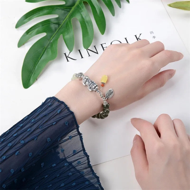Pure silver coin bracelet with natural Hetian jade beads, 8x7mm, retro style for women