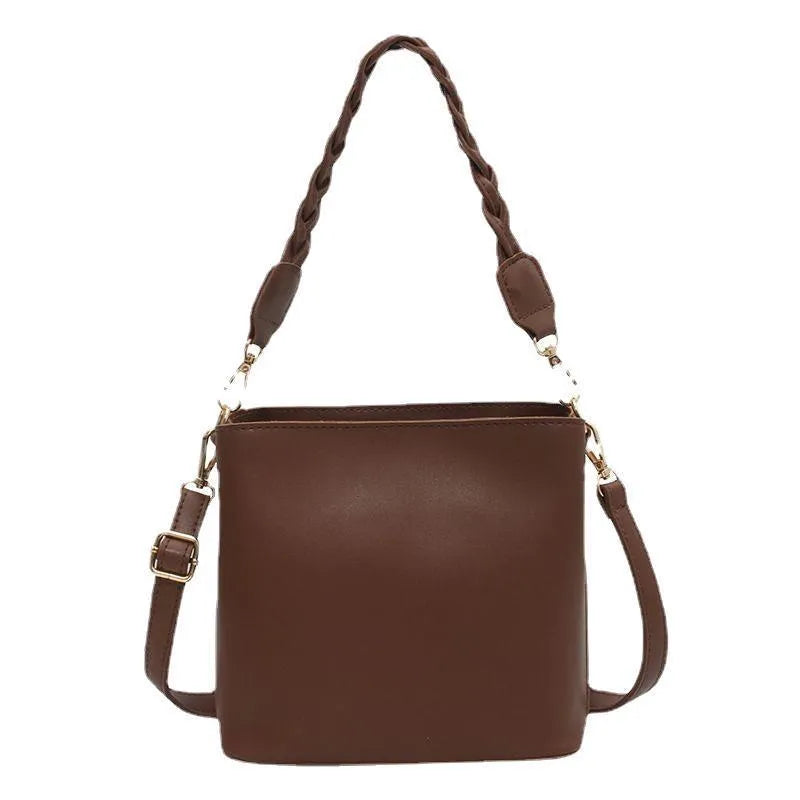 Retro woven PU crossbody bucket bag in khaki colour with adjustable shoulder strap