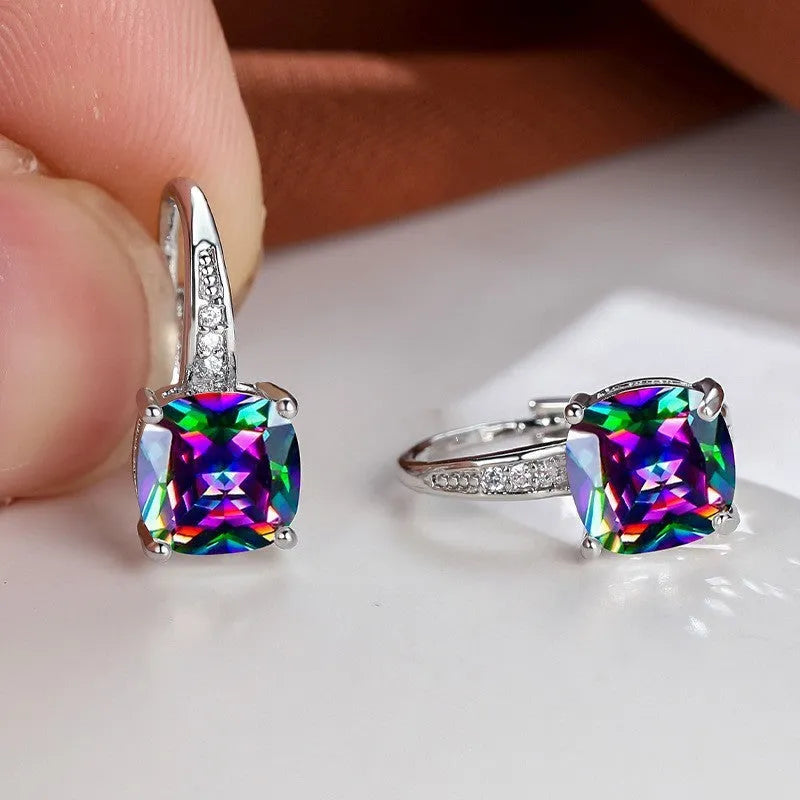 Korean style geometric square zircon ear hook earrings in electroplated copper with hook fastening