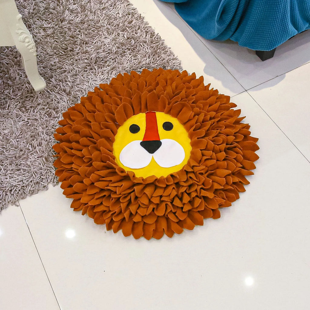 Brown dog snuffle mat with 16 removable fleece strips for hiding treats, measuring 33x25 cm