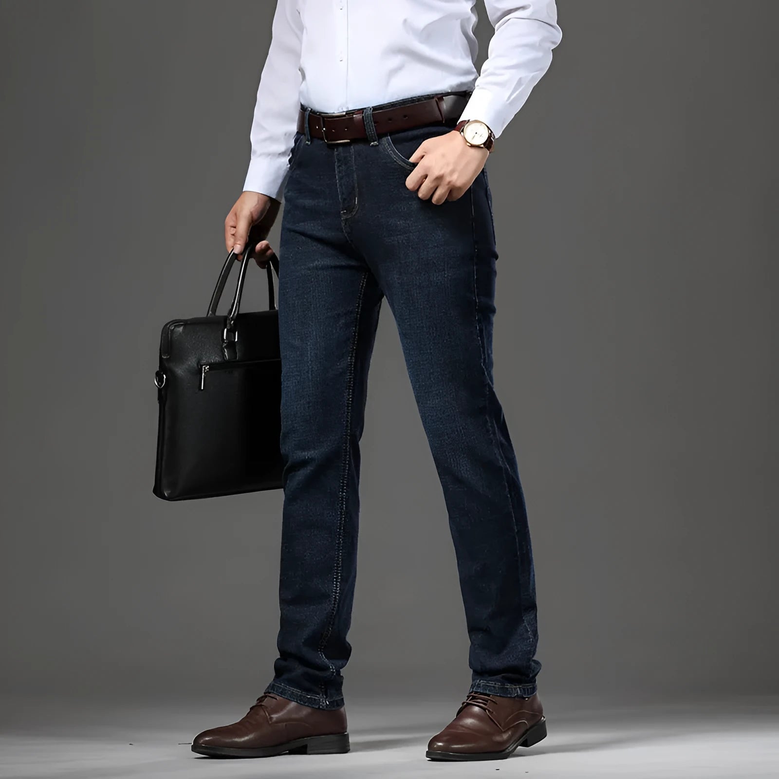 Man wearing black high-elasticity loose-fit straight-leg jeans, business casual style
