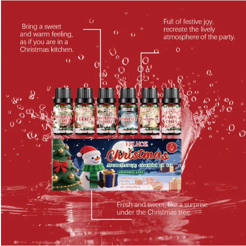 Christmas aromatherapy oil set showing six bottles in two sizes for seasonal home fragrance