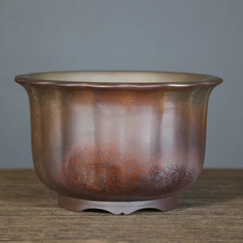 Antique carved ceramic flower pot in purple sand clay with wood burning finish for indoor bonsai