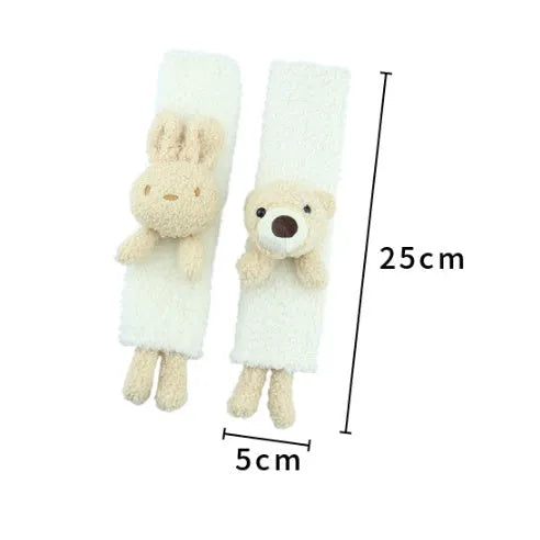 Cartoon plush car seatbelt shoulder protector in Rabbit and Bear designs made from soft lamb wool.