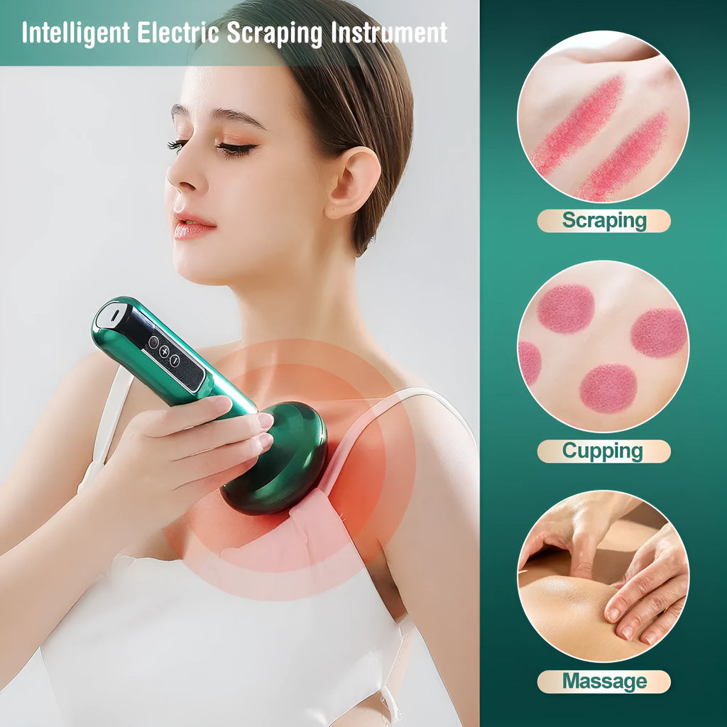 Green electric vacuum cupping massager with USB charger and instruction manual