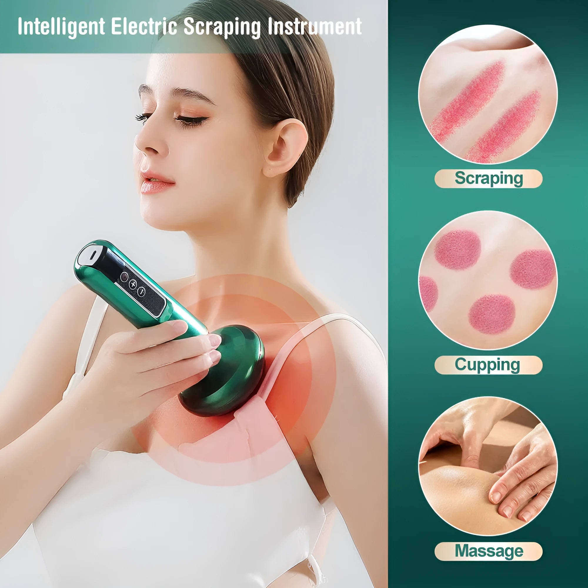 Green electric vacuum cupping massager with USB charger and instruction manual