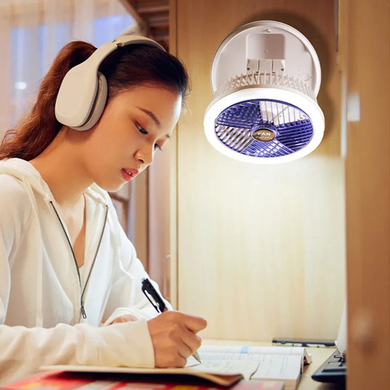 USB charging foldable table fan with LED light, 4 speed settings, in blue or grey, with pen holder