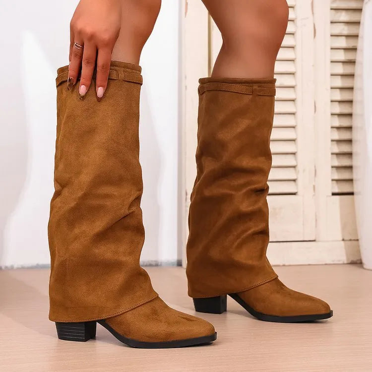 Men's pointed toe high tube pants boots with pleated chunky heel sleeve in black