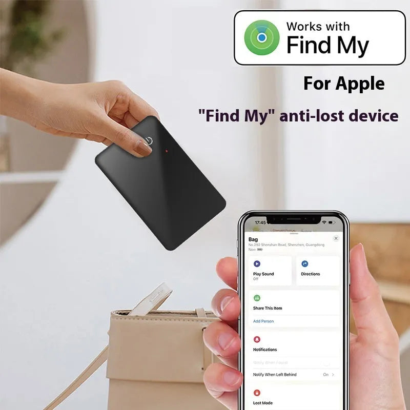 Black pet tracking locator card with wireless charging and NFC, constructed from ABS and glass, 85x54x2.1 mm