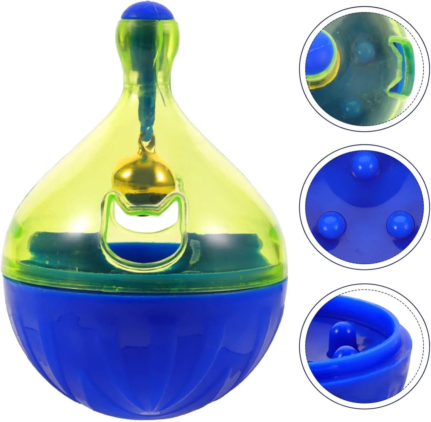 Blue tumbler-shaped interactive treat dispenser ball for dogs and cats on a wooden floor