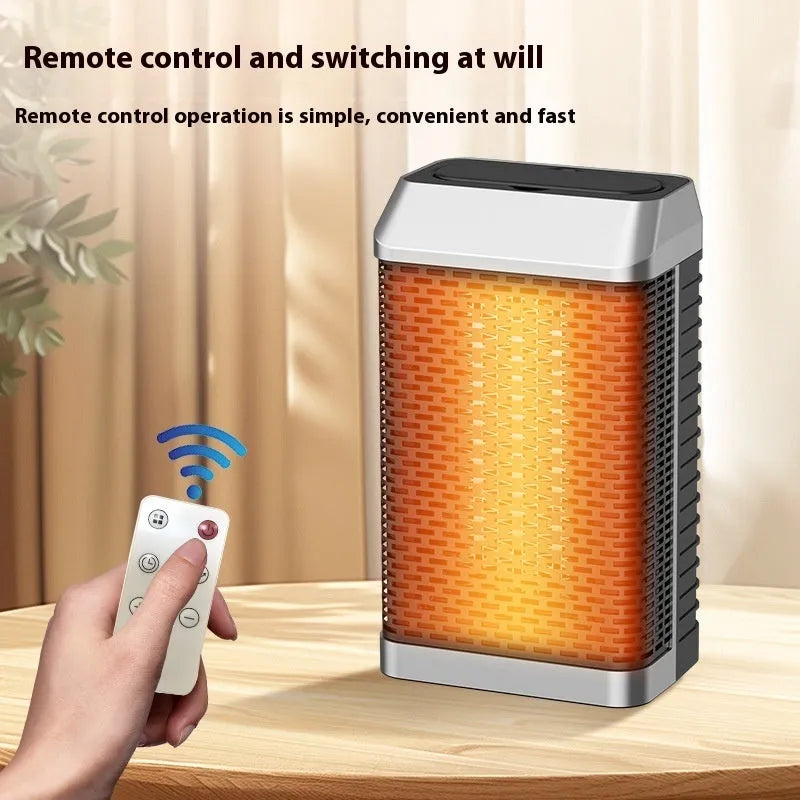 Black remote control desktop heater with digital display and control knobs, shown on a wooden desk.