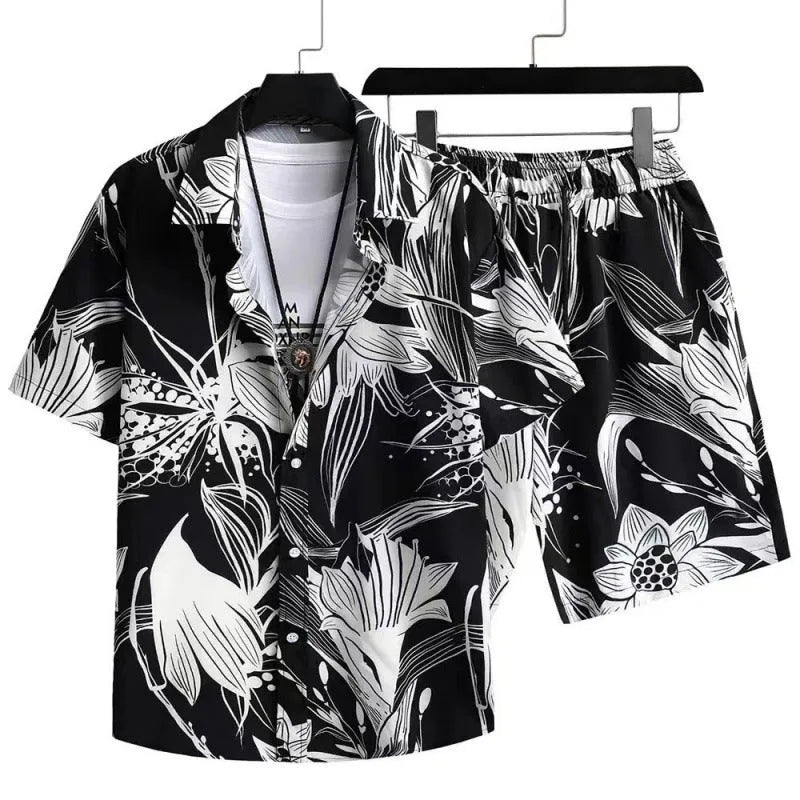 Men's short-sleeved digital print cardigan and matching shorts casual suit set.