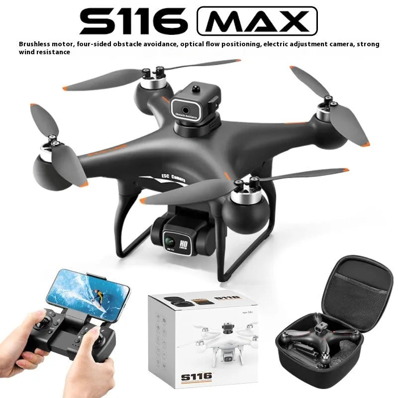 Black brushless motor drone with four obstacle avoidance sensors and dual HD cameras for aerial photography