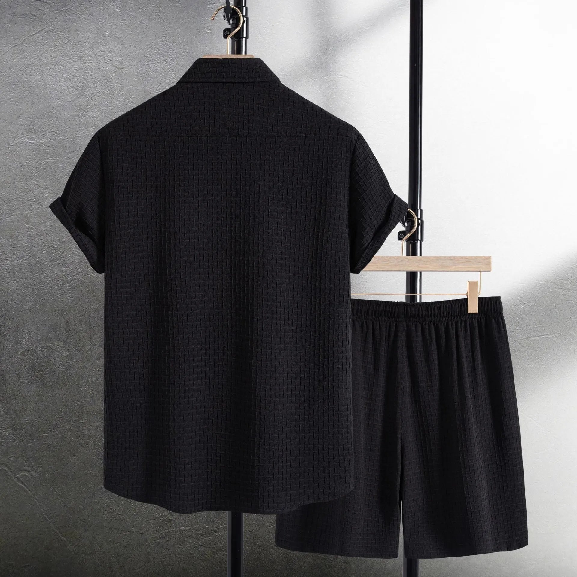 Men's white cotton blend beach shirt and shorts suit on hanger