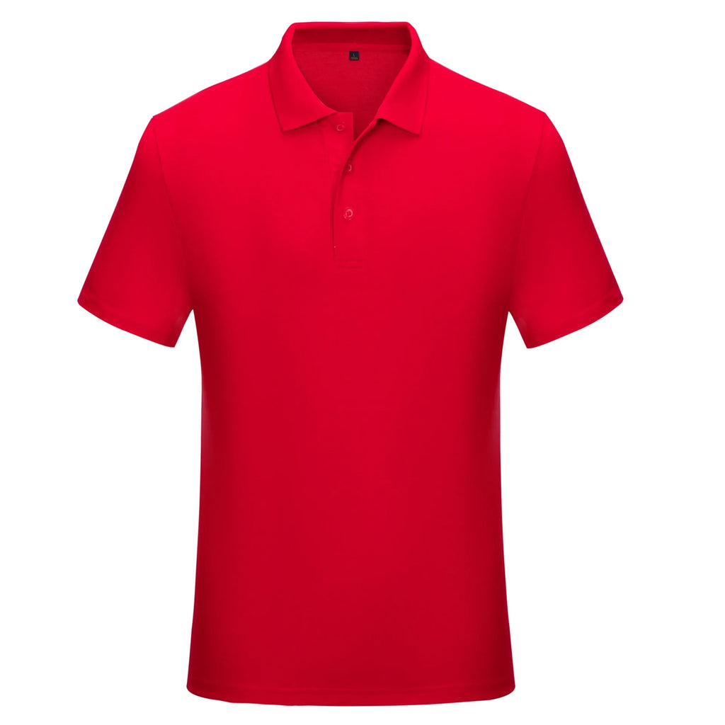 Cotton solid colour business office thin polo shirt uniform in short sleeve, available in multiple colours including black, white, red, and blue.