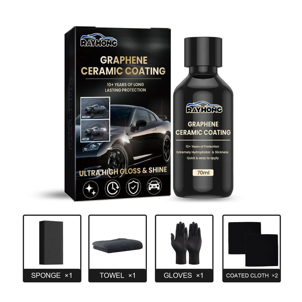 Automotive graphene ceramic coating 70ml kit with sponge, towel, gloves, and two coating cloths for car paint protection