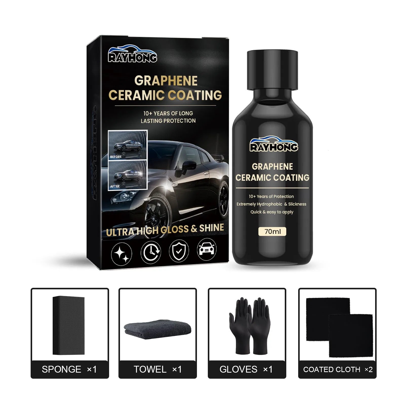 Automotive graphene ceramic coating 70ml kit with sponge, towel, gloves, and two coating cloths for car paint protection