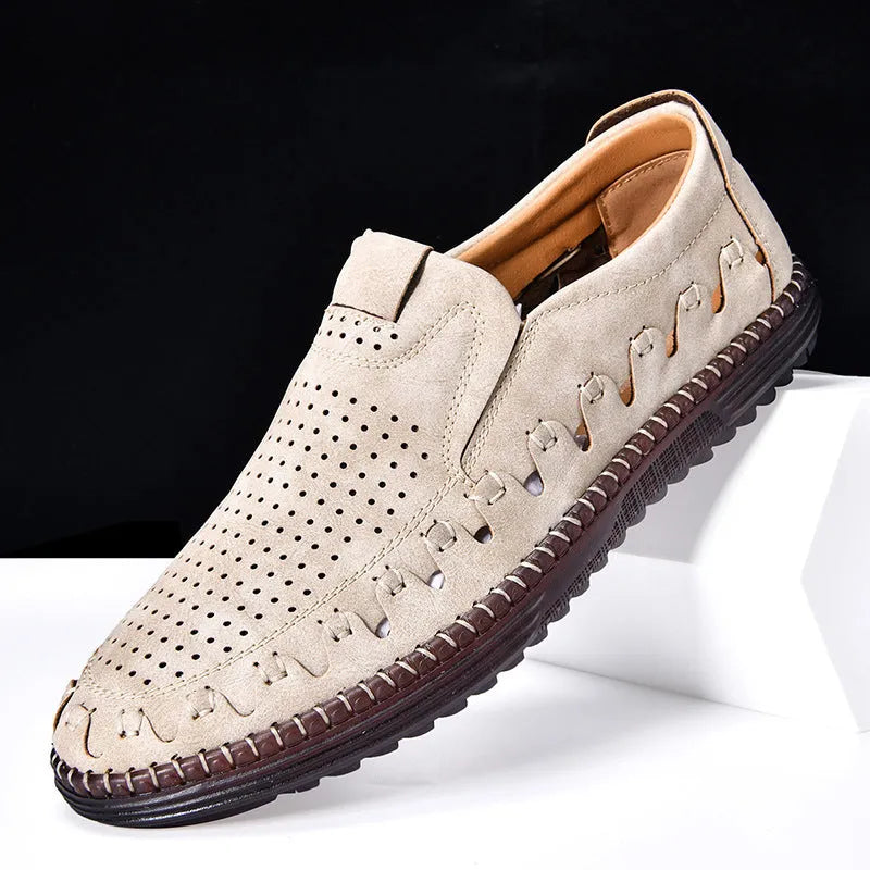 Men's brown slip-on casual shoes with round toe and low-top PU upper.