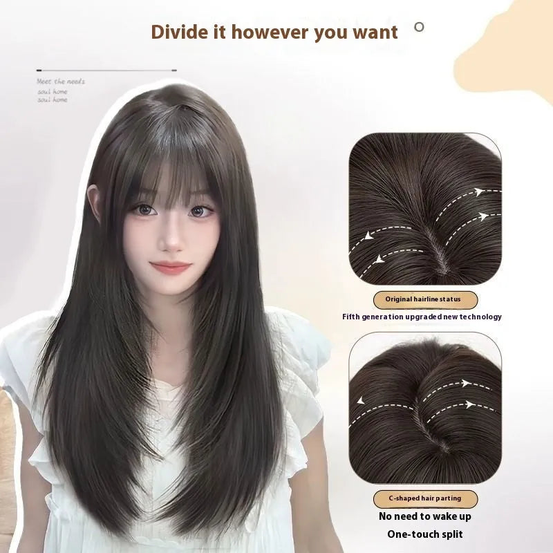 Women's full-head wig black long straight high layered with wear-free hair net