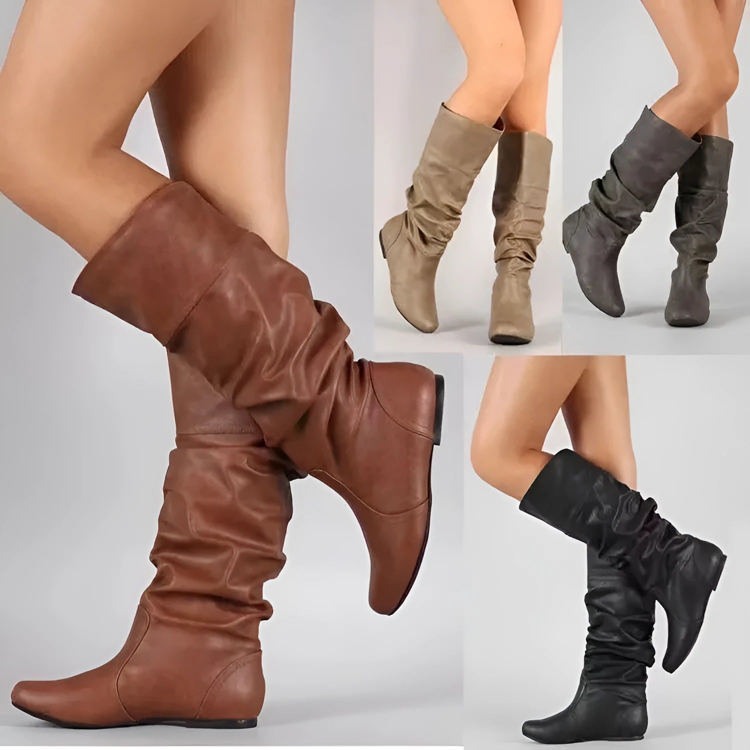 Women's flat heel slip-on boots in black with a round toe and high calf shaft, made from artificial PU with a rubber sole.