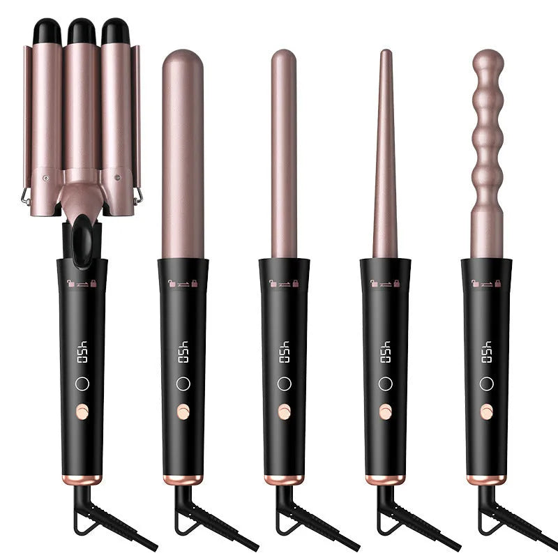 Rose gold five-in-one tube replacement hair curler with LCD screen and international voltage compatibility