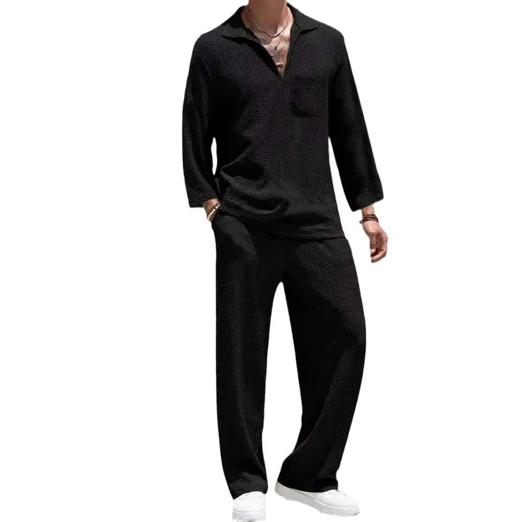 Men's casual shirt and trousers suit in polyester fabric, shown in one of four colours: lake blue, khaki, black, or caramel.