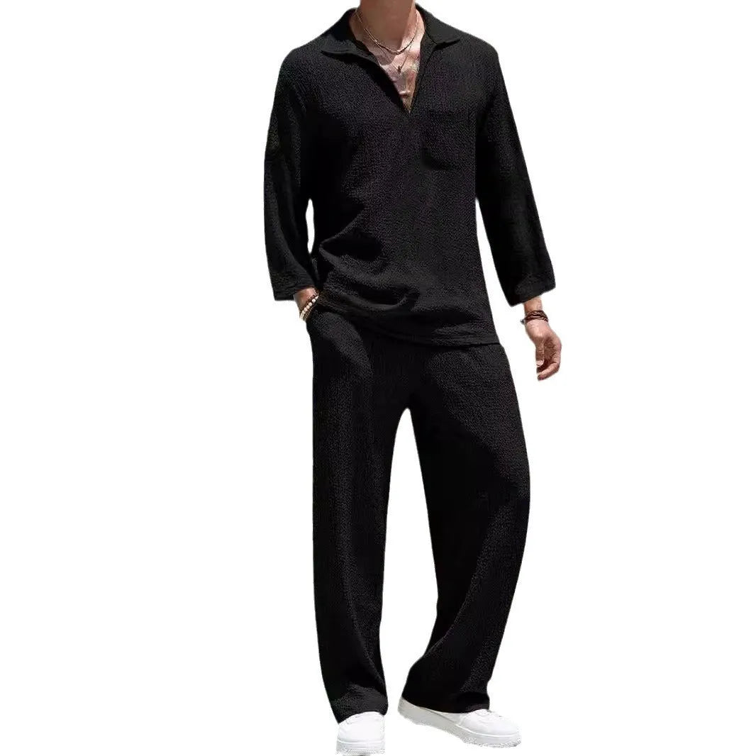 Men's casual shirt and trousers suit in polyester fabric, shown in one of four colours: lake blue, khaki, black, or caramel.