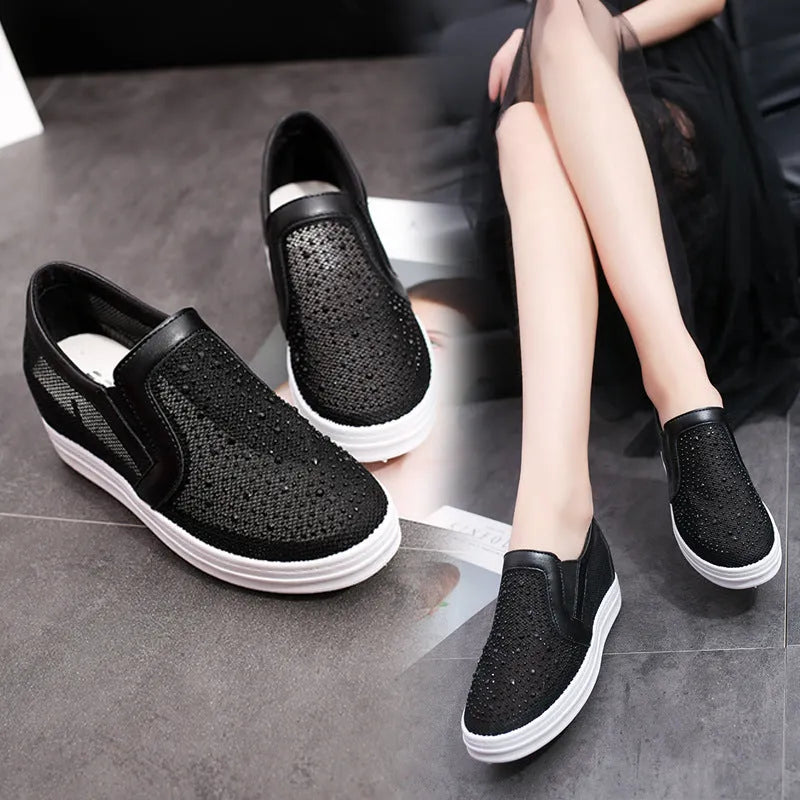 Women's breathable mesh wedge slip-on shoes with rubber sole in white and black, sizes 35-40