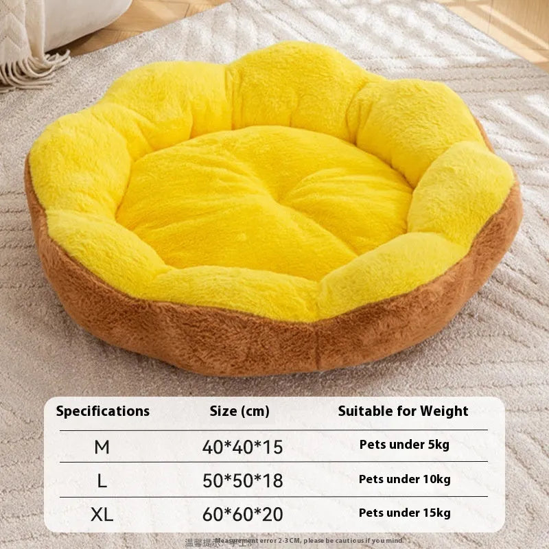 Washable thick rabbit plush round cat bed in yellow brown, shown in a pet cage.